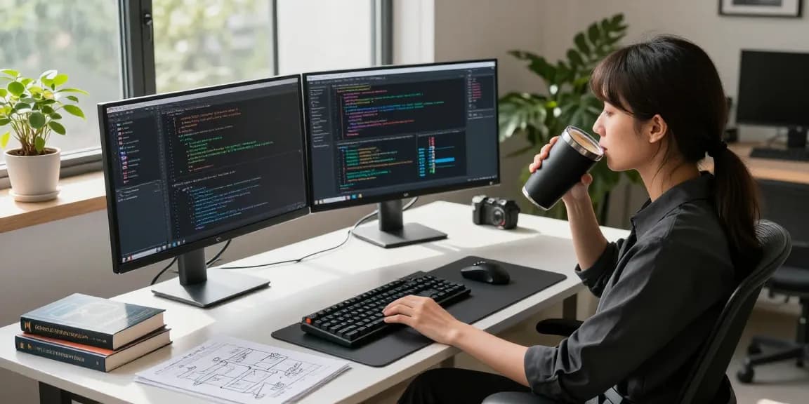 Developer coding OpenClaw skills at a modern workspace, with dual monitors and coffee.
