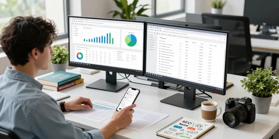 Digital marketing expert analyzing SEO backlink services data on monitors in a modern workspace.