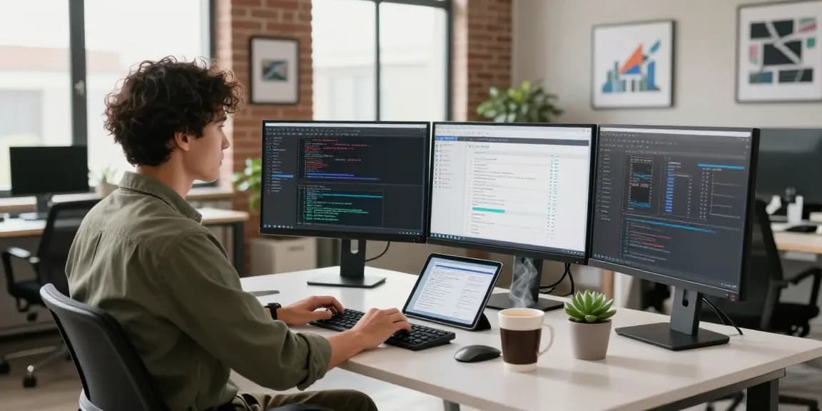 Developer working on 纸飞机中文版 software in a modern tech office.