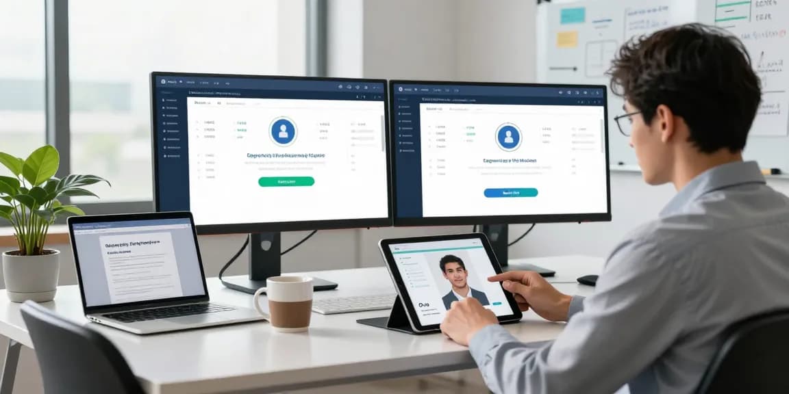 Age verification system being demonstrated in a modern office with dual monitors showing real-time analytics.