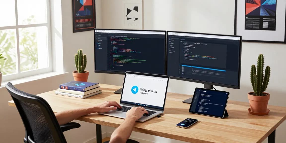 Workspace showcasing telegramin-cn.com usage on laptop with dual monitors and tech elements in a bright atmosphere.