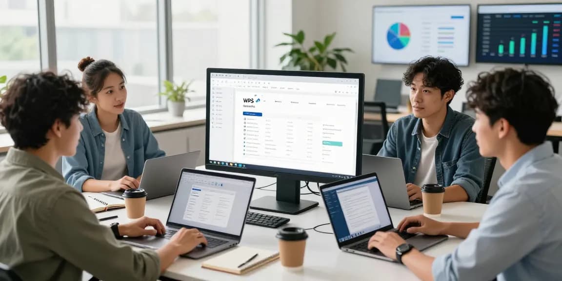 Collaborative team using WPS下载 software in a modern office environment, showcasing productivity in action.