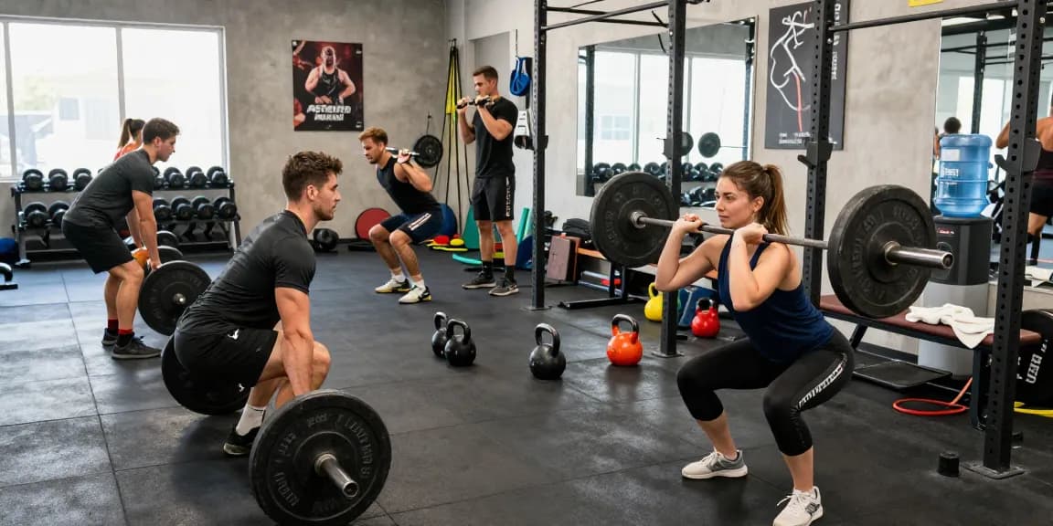 Astera Steroids Shop promoting fitness with athletes lifting weights in a modern gym environment.