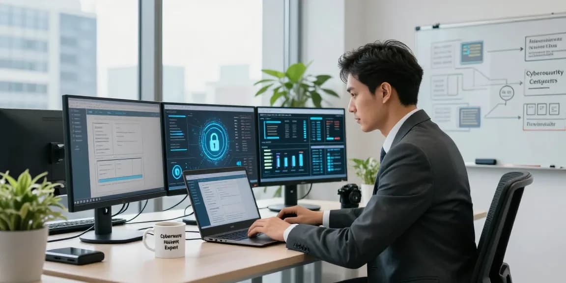 IT security expert analyzing certificados ssl on multiple monitors in a modern office