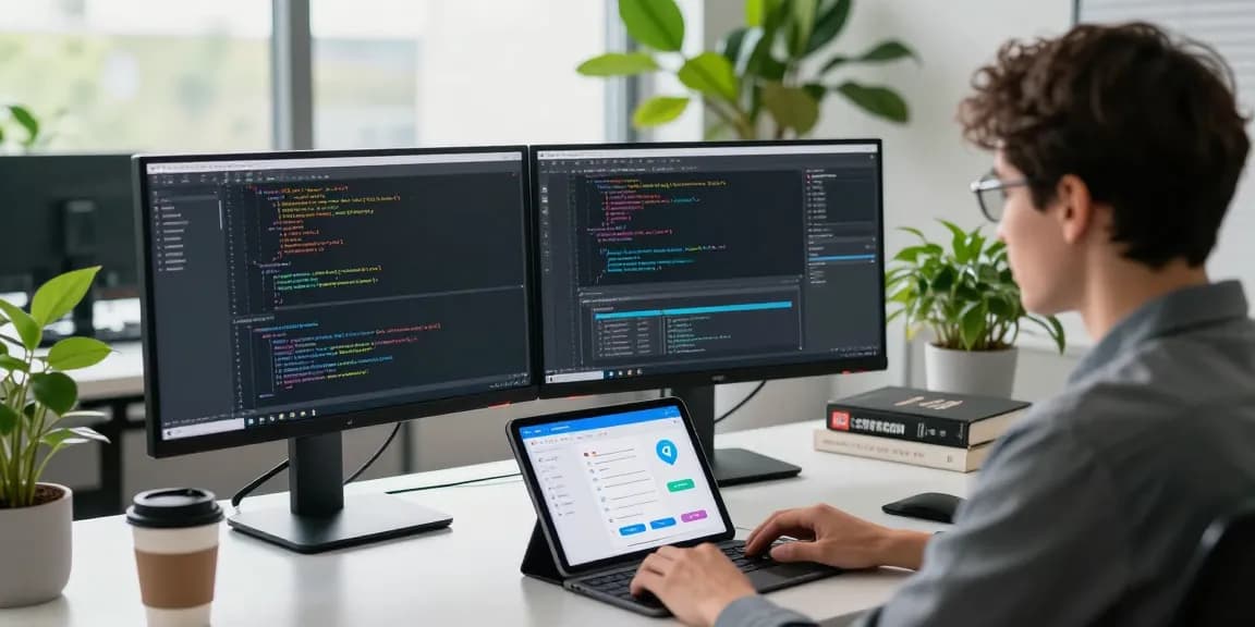 Developer working on telegraimin.com application in a modern tech workspace with coding screens