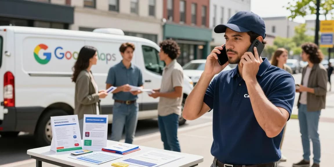 Home-service professional demonstrating Google Maps SEO services in an urban setting, engaging with clients and showcasing company branding.