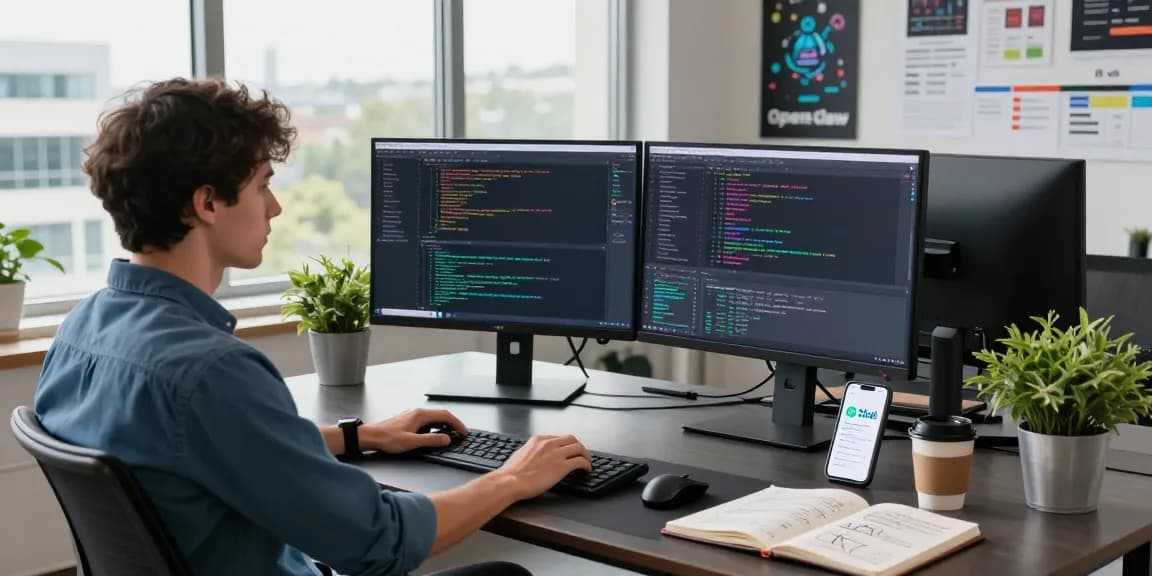 OpenClaw software development workspace showcasing vibrant code on multiple monitors and a collaborative environment.