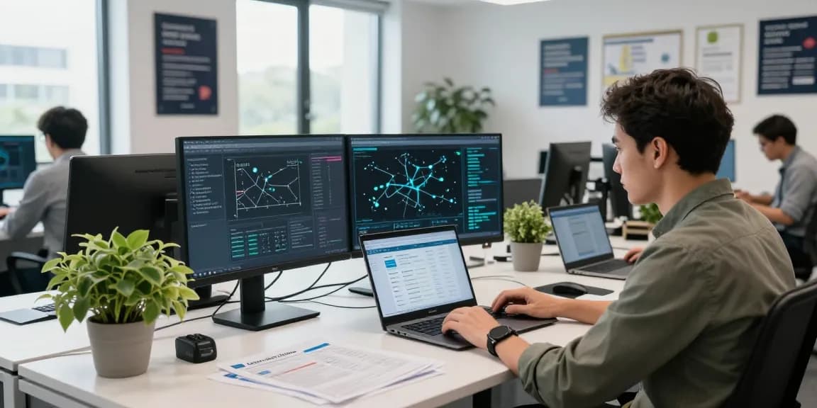 Cyber essentials checklist displayed on a laptop with cybersecurity expert analyzing data in a modern office.