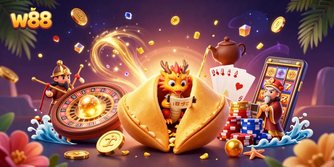 Cá cược w88 mang lại cơ hội với những con rồng thông thái và bánh quy vàng trong sòng bài.