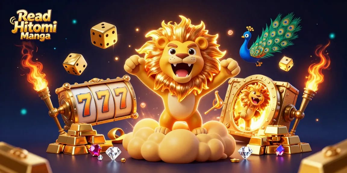 Read Hitomi Manga features a vibrant 3D illustration with golden lion and slot elements, showcasing thrilling casino action.