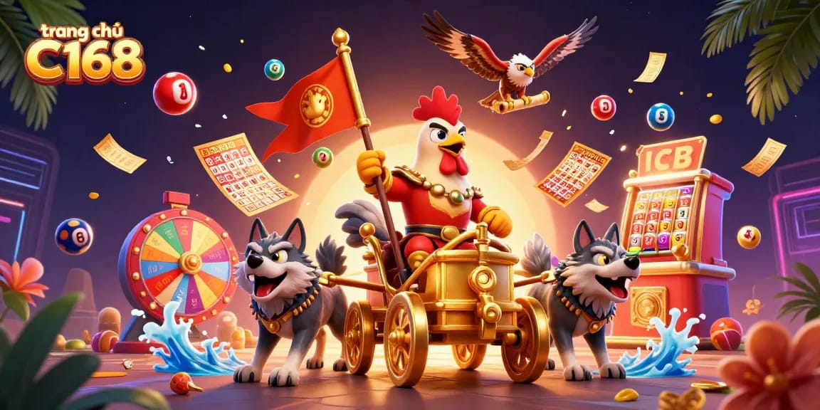 Experience thrilling gaming action with trang chủ C168, featuring a dynamic 3D illustration of casino elements.
