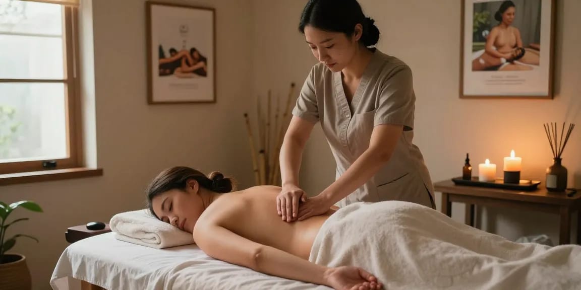부천출장마사지 service with a professional therapist offering a soothing massage in a tranquil home environment.