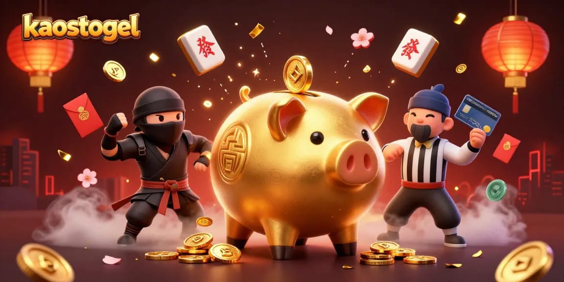 Experience kaostogel action with a dynamic scene of a piggy bank sumo wrestler amidst colorful casino elements!