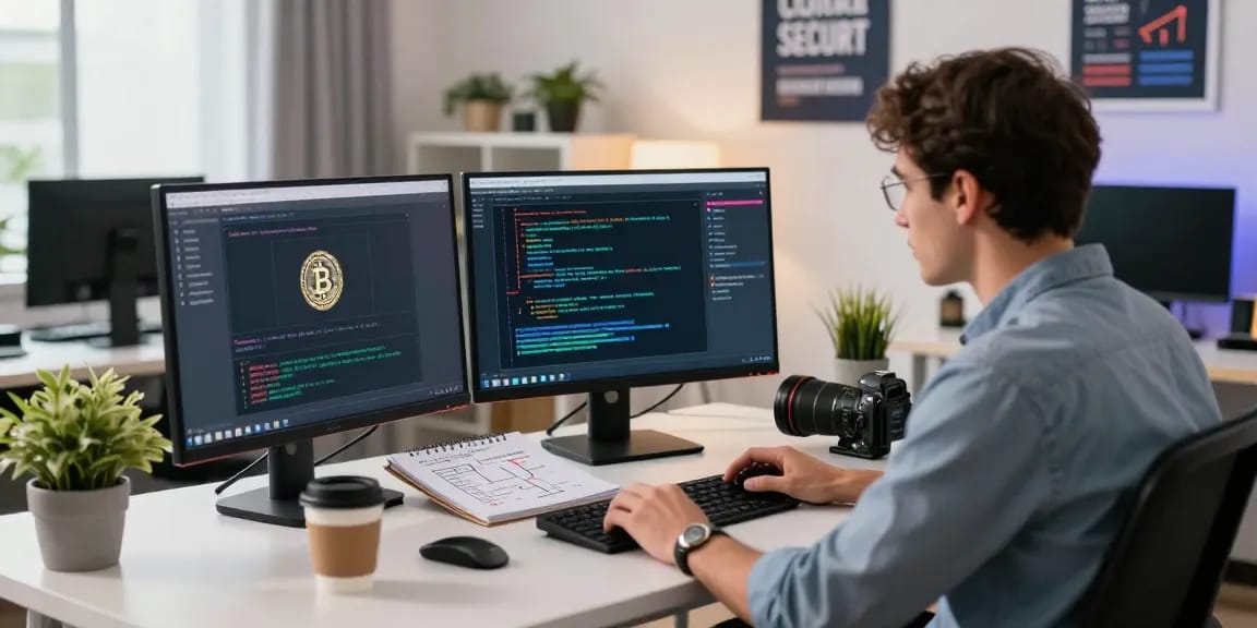 Recover lost crypto with a digital security expert at a vibrant workspace, showcasing recovery tools and tech.