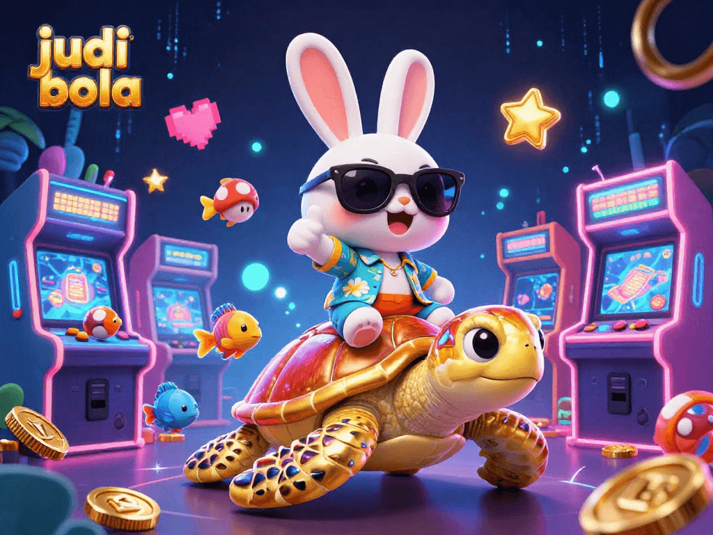 Engage in judi bola with a vibrant 3D illustration of a lucky rabbit and golden turtle in a casino atmosphere.