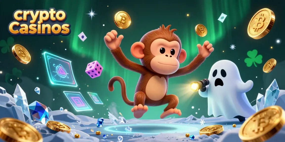 Jouer à des crypto casinos avec un singe farceur et un chien chasseur de fantômes, entouré de pièces dorées.