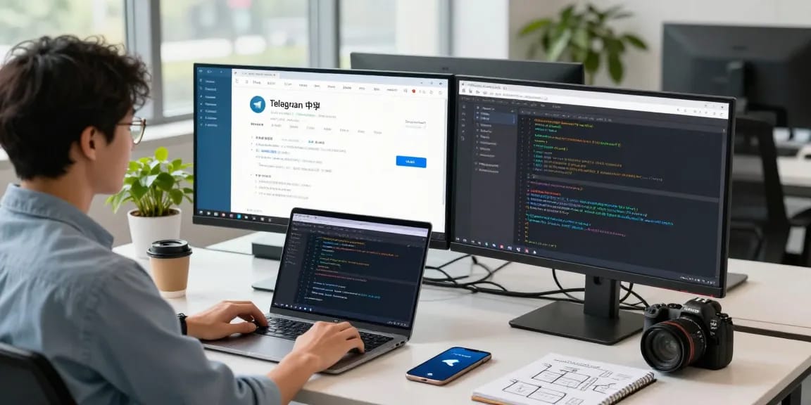 Developing the telegram chinese web version in a modern office setting.