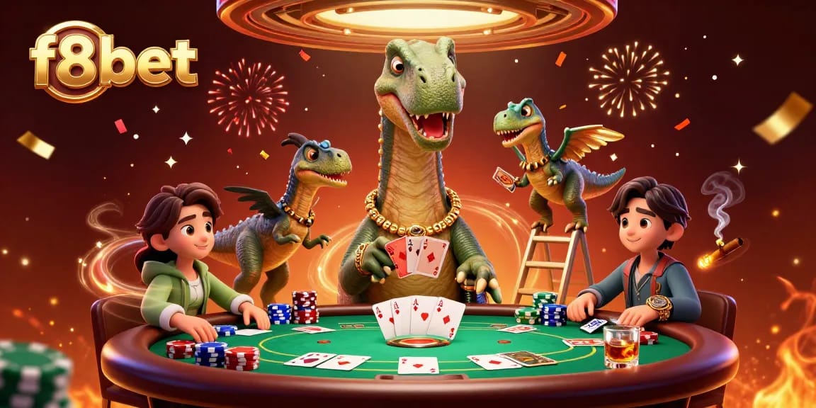 Experience thrilling poker action at f8bet with a giant brontosaurus dealer and vibrant casino elements!