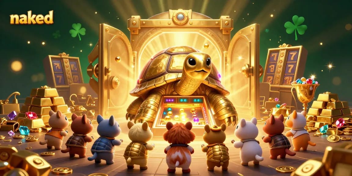 Score jackpots on the naked slot reels featuring a giant tortoise pinball machine and treasures