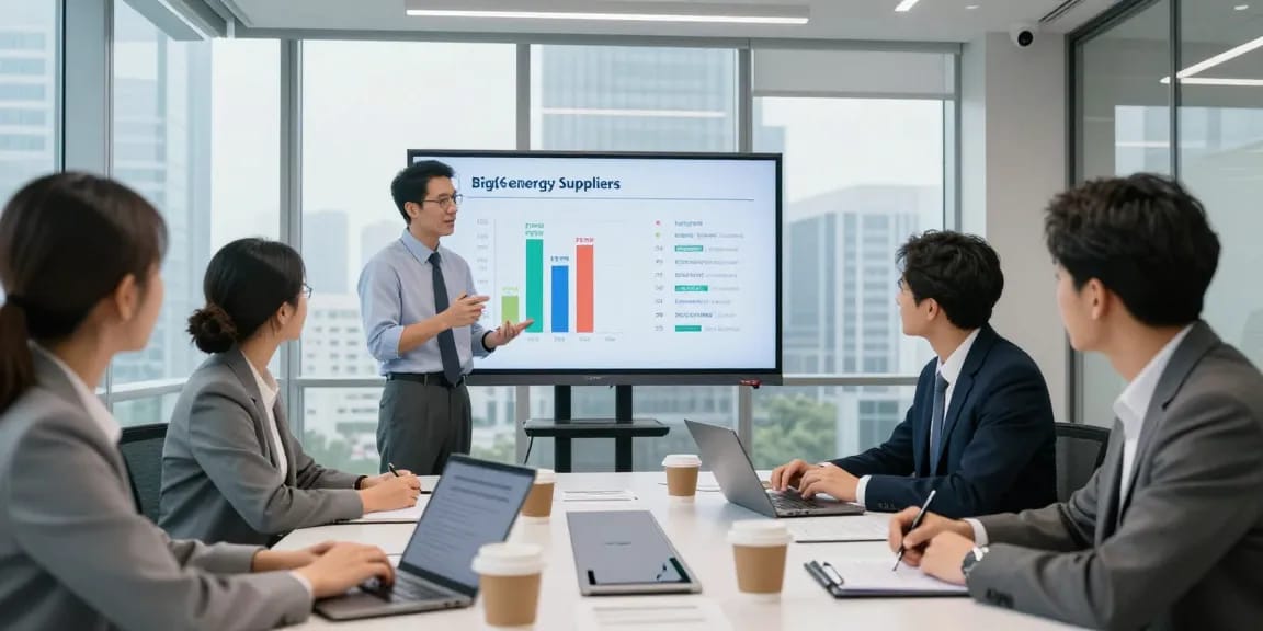 The team evaluates Big 6 energy suppliers during a strategic meeting, highlighting energy rate comparisons and market insights.