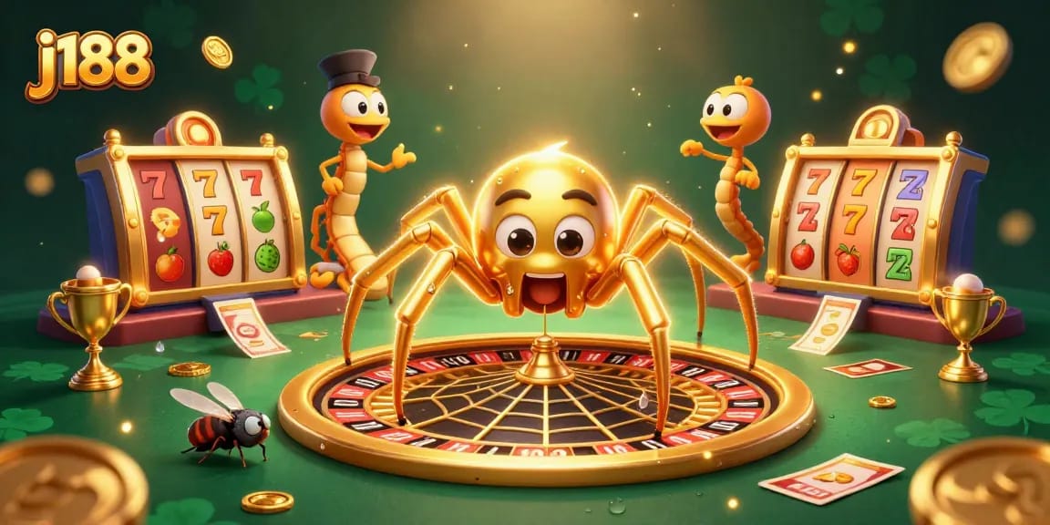 Spin to win at j188 with a thrilling 3D cartoon casino scene featuring a golden spider and dynamic game elements.