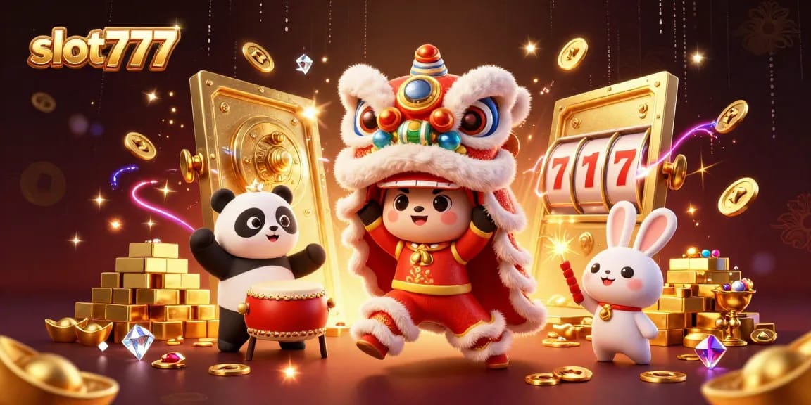 Play slot777 with exciting action featuring golden treasures and dynamic characters in a vibrant casino scene.