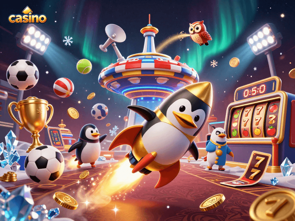 Casino scene featuring a rocket-powered penguin, golden coins, and dynamic sports elements.
