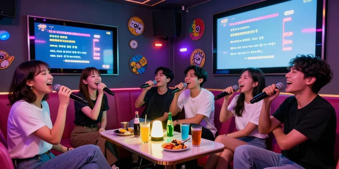 Karaoke enthusiasts enjoying a lively night at a 강남노래방, singing and having fun with colorful lights and snacks.