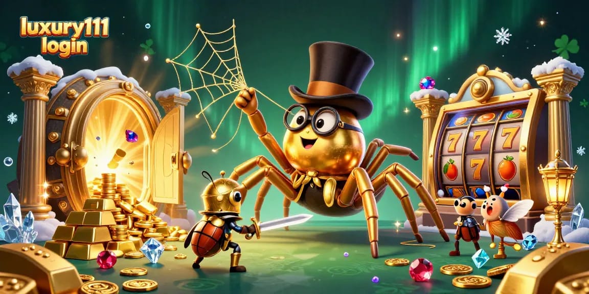 Engage in thrilling gameplay with luxury111 login, featuring a golden tarantula and the beetle knight in a lavish casino scene.