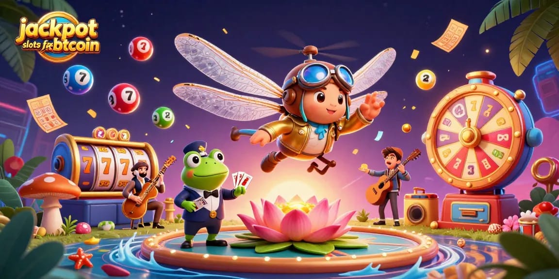 Experience thrilling jackpot slots for bitcoin with vibrant 3D characters in an engaging casino scene.