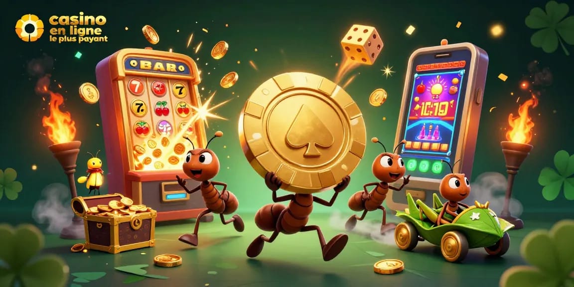 Le casino en ligne le plus payant : Une équipe de fourmis qui réalise un vol audacieux, poursuivie par des jackpots et des symboles de jeu.