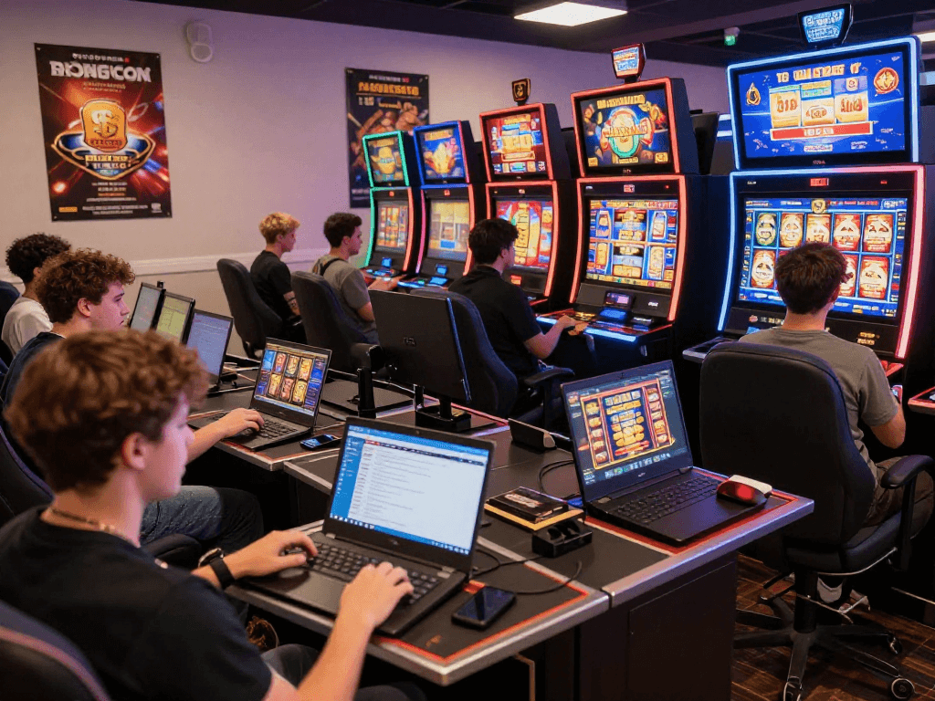 Engaged players enjoying bandar slot gacor games at an online casino interface, showcasing vibrant graphics and community features.