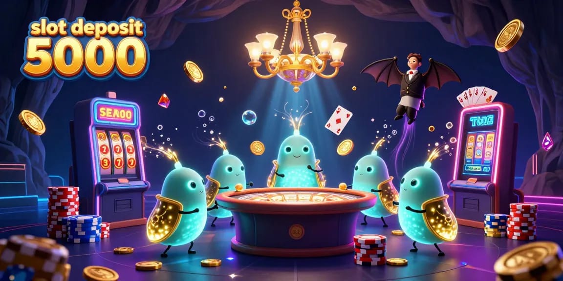 Menang besar dengan slot deposit 5000, tampilan kasino ceria dengan cahaya dan simbol berkilau.