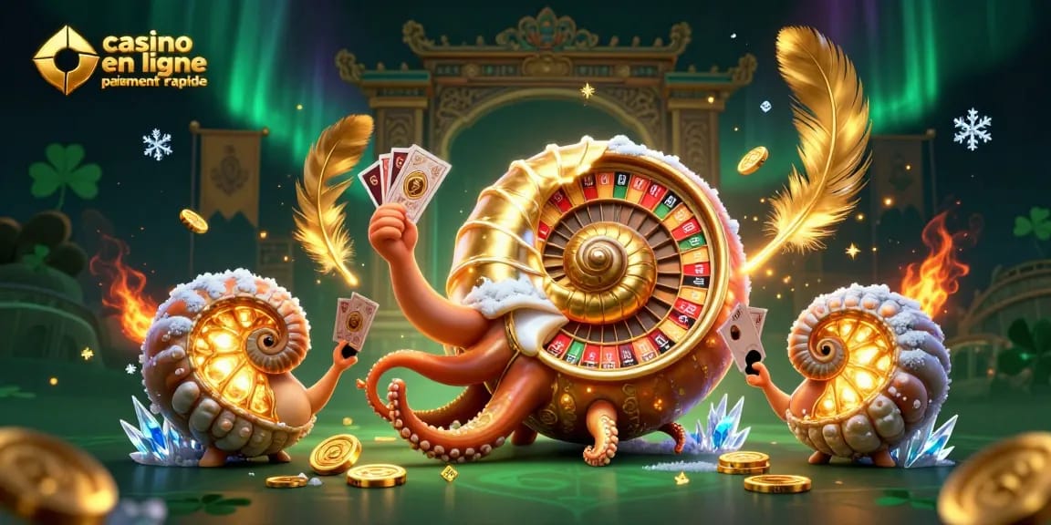 Jouer sur un casino en ligne paiement rapide avec des gains instantanés, illustré par un nautilus géant et des jetons d'or.