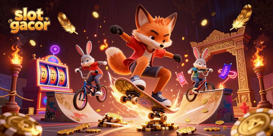 Experience slot gacor thrills with an energetic scene of a skateboarder fox and BMX rabbit, surrounded by casino elements.
