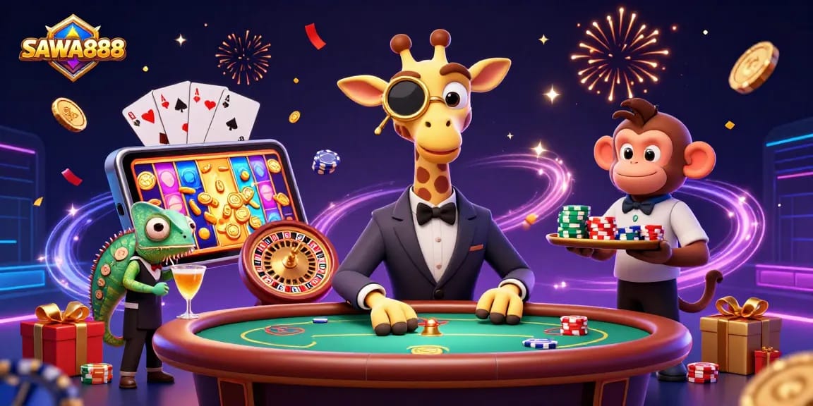 Experience thrill with SAWA888's high-roller giraffe and monkey valet at the luxury poker table