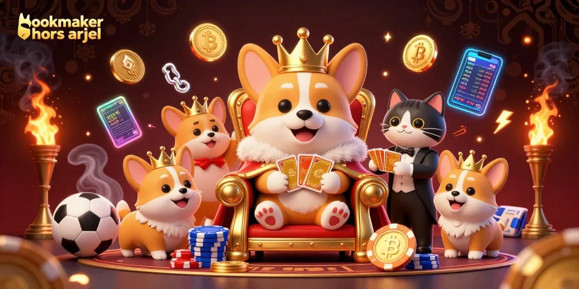 Placer des paris sur bookmaker hors arjel avec un corgi royal et un chat majordome, ambiance luxueuse.