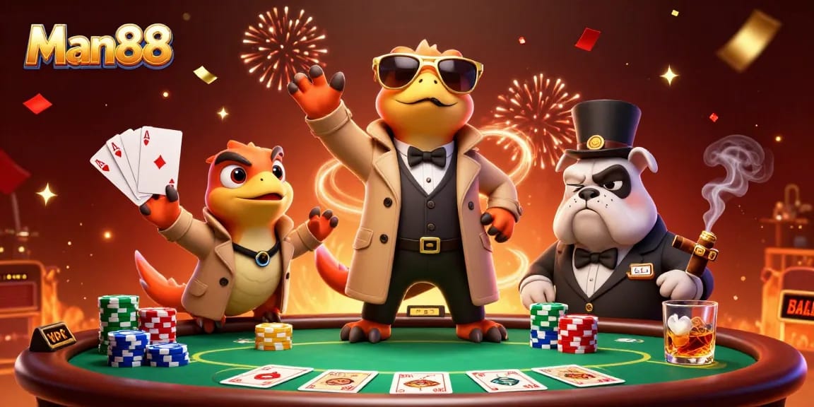 Animated raptors amusingly attempting entry at Man88 casino lounge with poker elements.