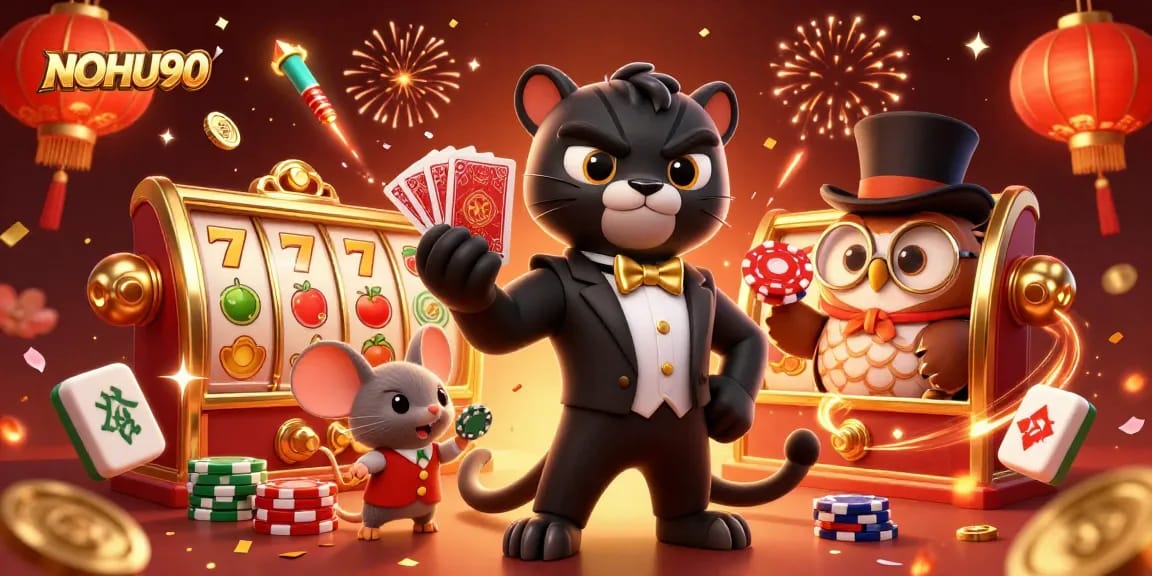Get ready to win with NOHU90 as a stylish panther deals cards in a vibrant casino scene.