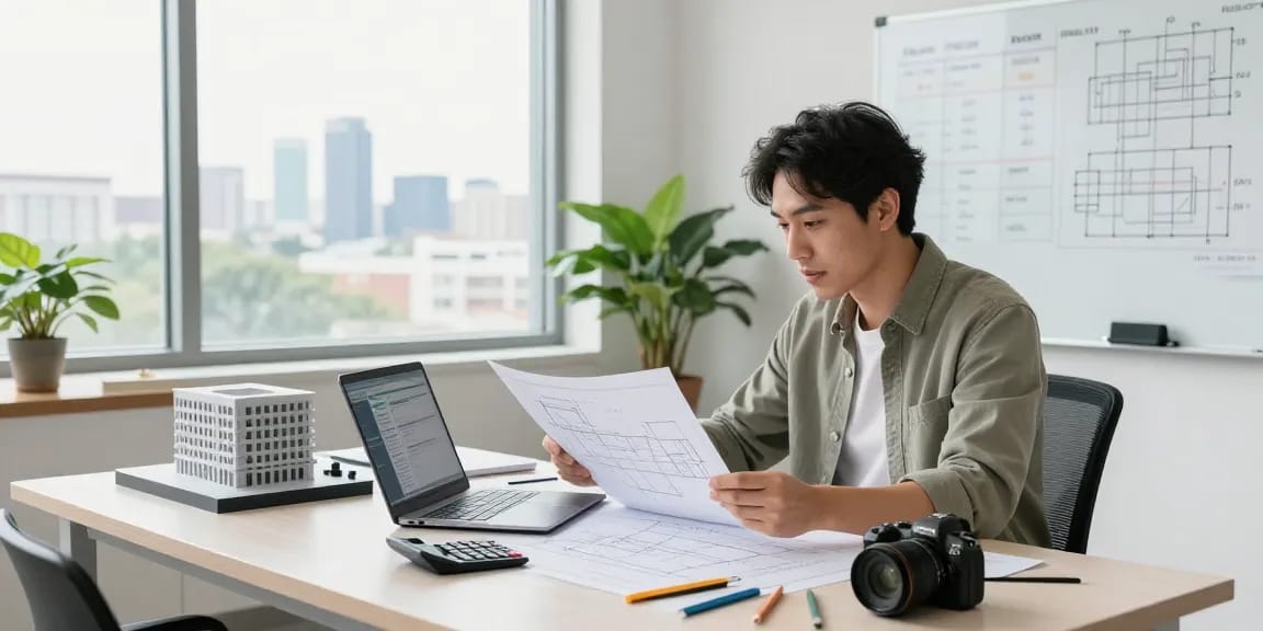 Engineer reviewing plans in a modern office for engineering services missouri
