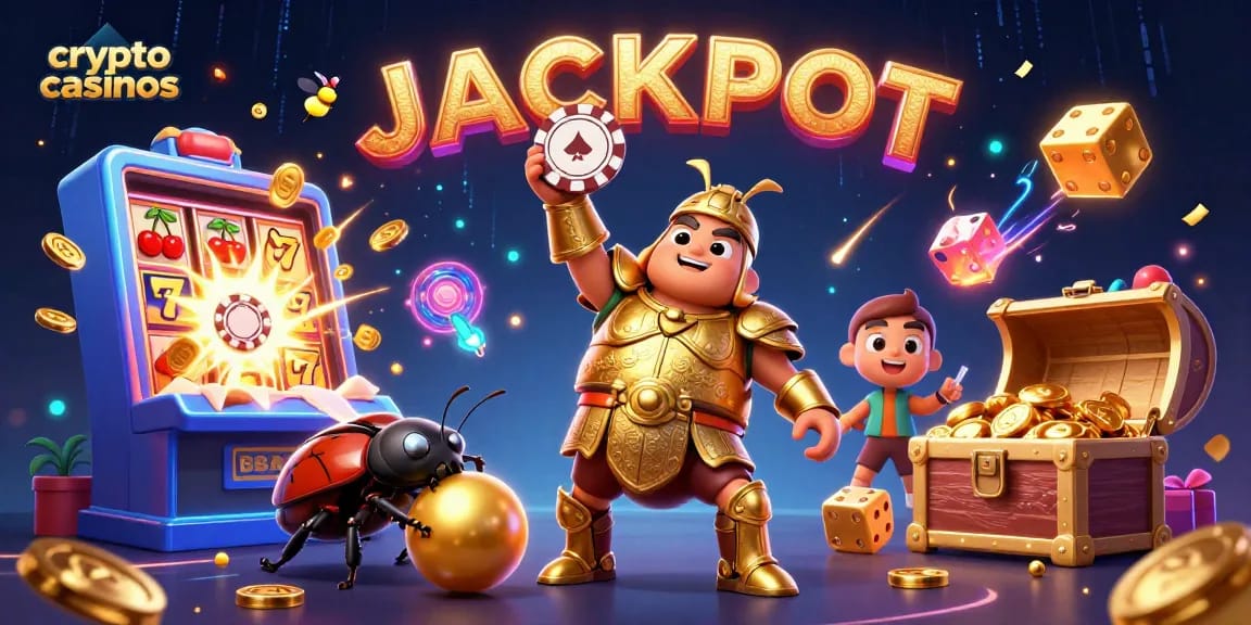 Gagnez sur les crypto casinos avec un scarabée héros pour un jackpot étincelant, entouré de symboles de jeu animés.