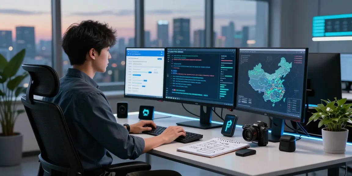 Cybersecurity workspace examining telegram china privacy with multiple screens.