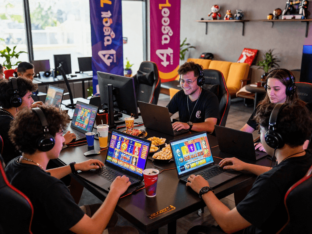 Engaging gaming scene with players enjoying togel 4d games, vibrant atmosphere and colorful graphics.
