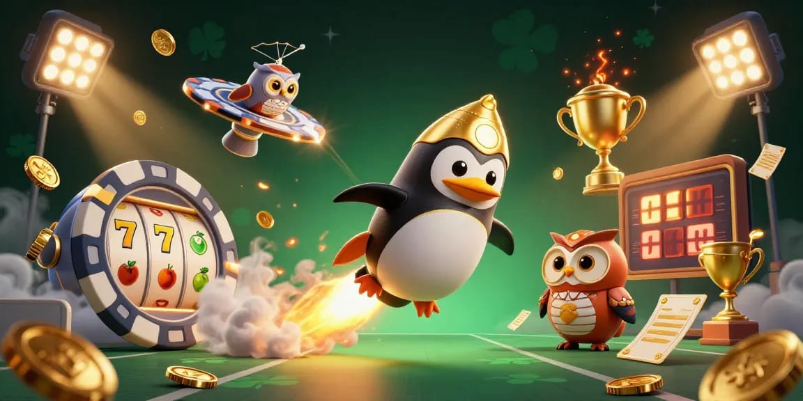 Experience slot gacor winnings with a golden penguin and casino-themed adventure illustration.