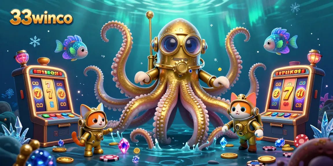Experience thrilling entertainment at 33winco with 3D casino action featuring a kraken and diving cat.