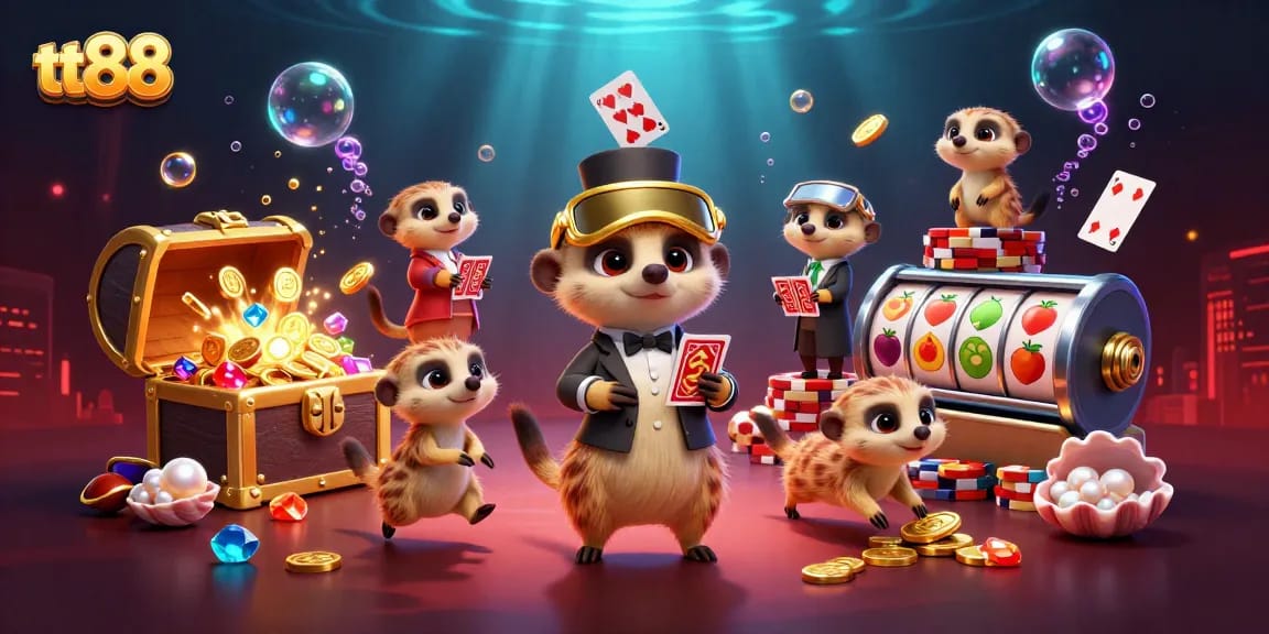 Experience thrilling gameplay at tt88 with a vibrant meerkat casino illustration featuring classic slot elements.