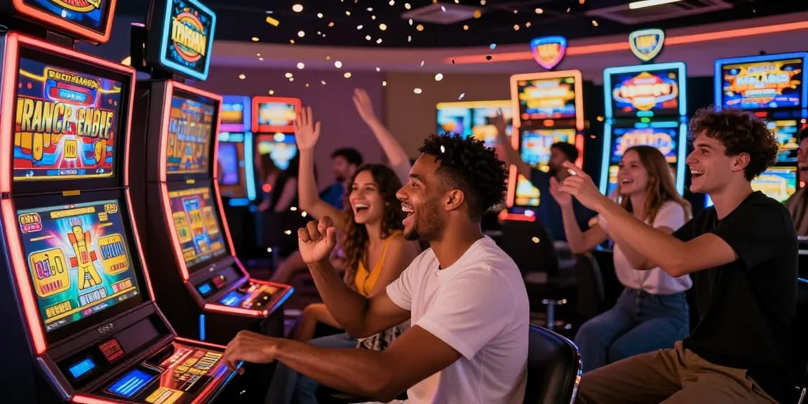 Slot gacor dengan mesin slot penuh warna dan pesta kemenangan dari pemain yang ceria.