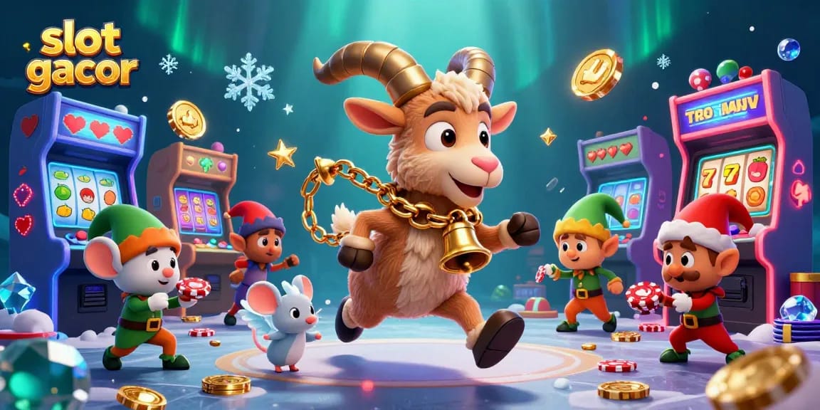 Play slot gacor with cartoon characters in a festive holiday casino filled with gaming elements.