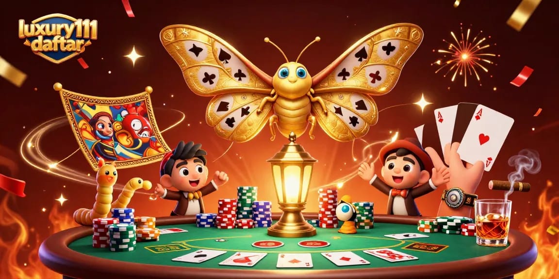 Experience the luxury111 daftar gaming scene with vibrant card suits, golden moths, and poker elements.