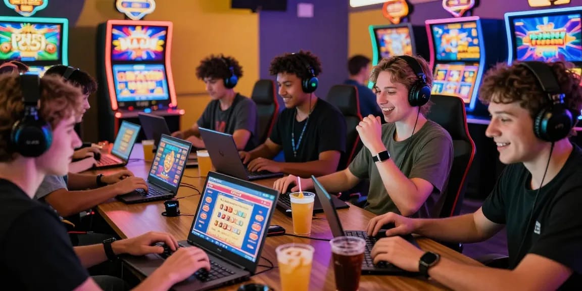 Players enjoying slot depo 1000 gaming experience in vibrant online casino setting.